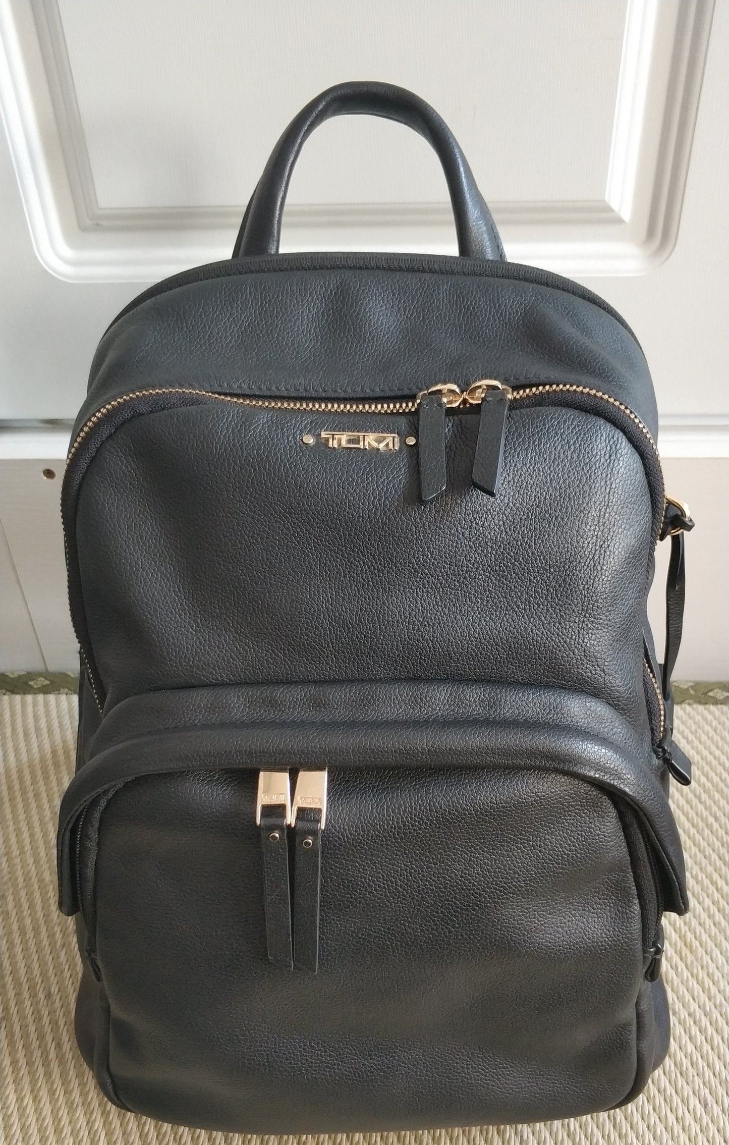 Tumi Voyageur Dori Black Leather Backpack Bag Gold Hardware