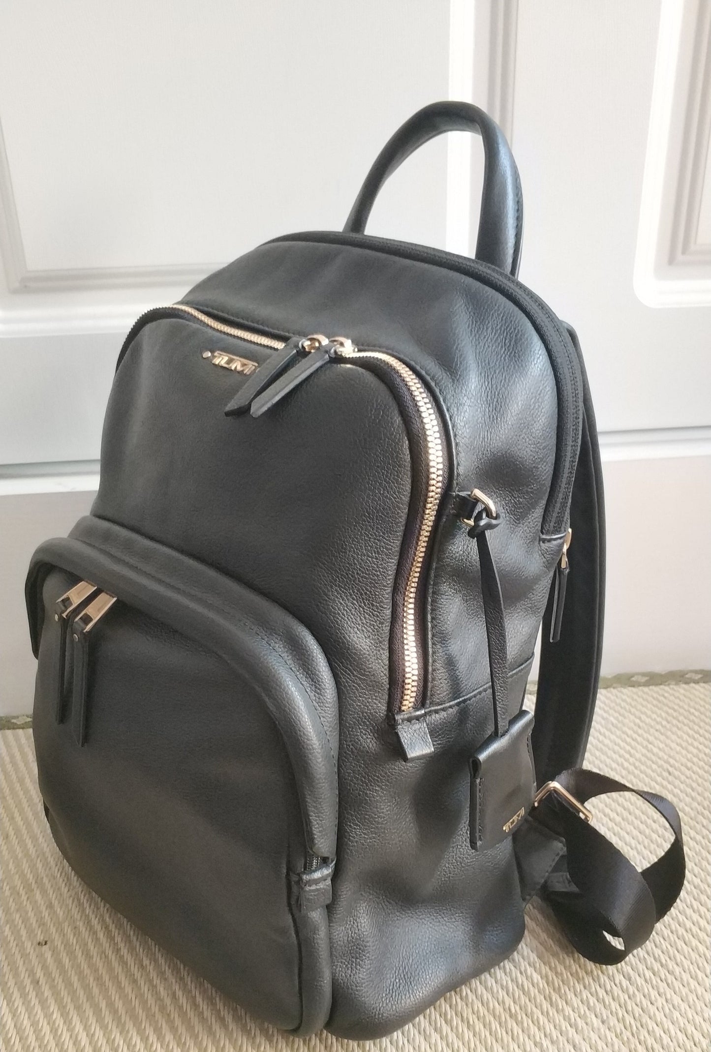 Tumi Voyageur Dori Black Leather Backpack Bag Gold Hardware